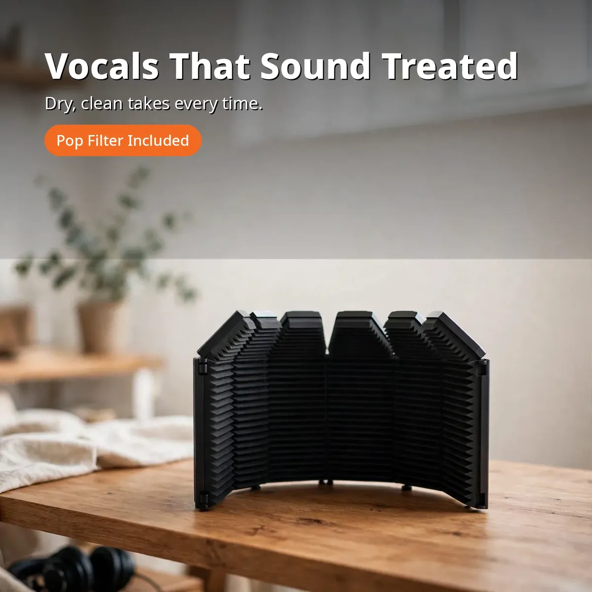 XTUGA isolation shield promo card — Vocals That Sound Treated. Dry, clean takes every time. Pop Filter Included.