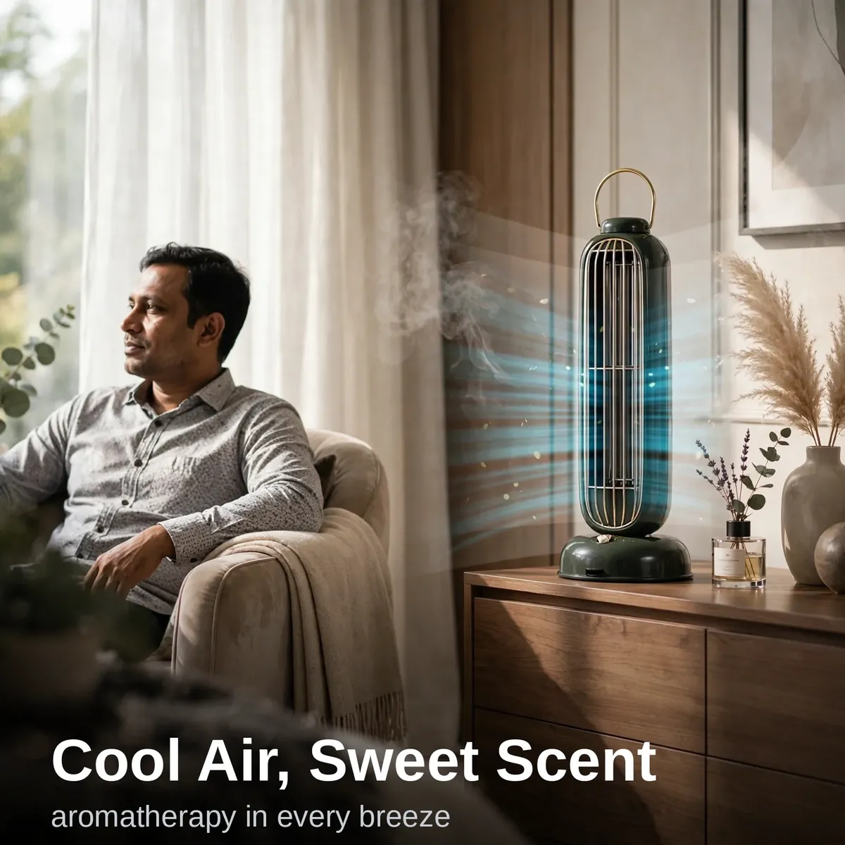 Xundd ZAY-F012 fragrance fan cooling a bedroom with aromatherapy breeze