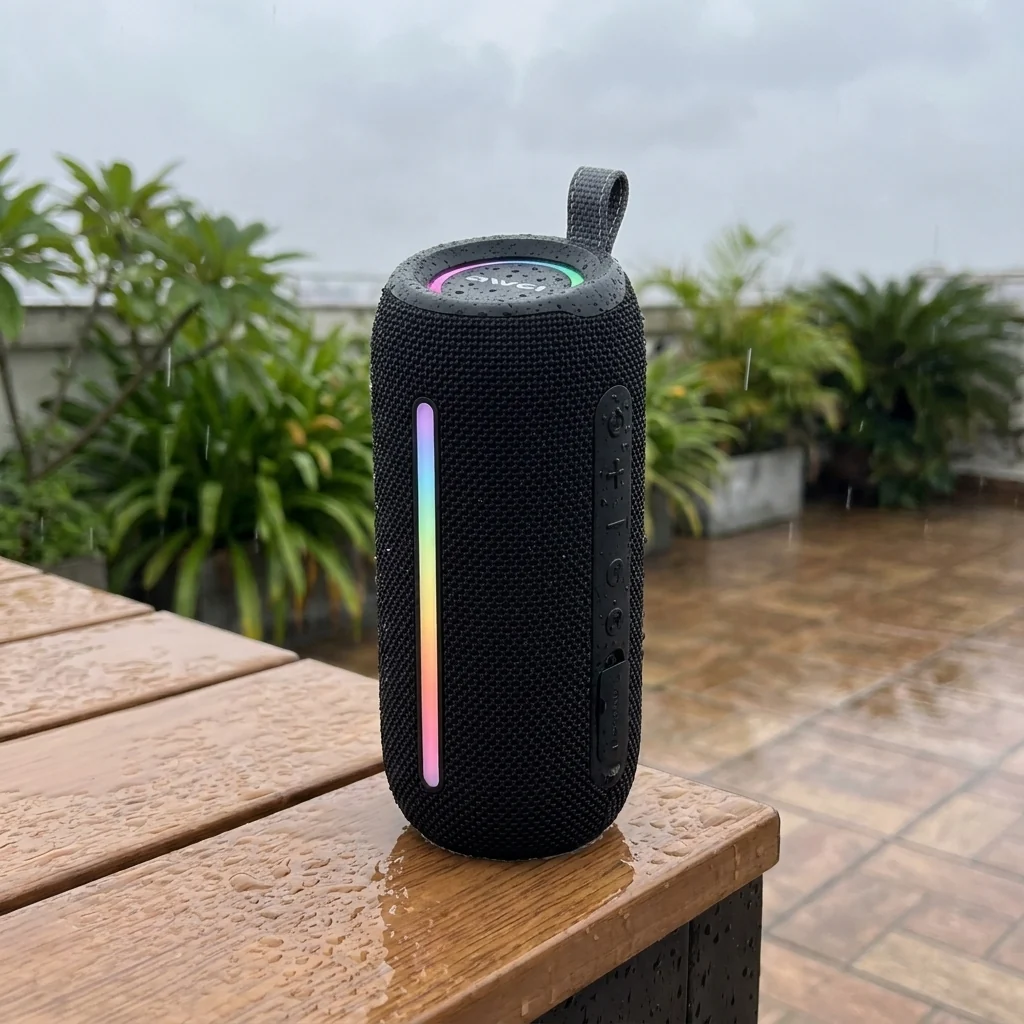 awei-y788-light-rain-port-cover-closed Awei Y788 speaker in light rain on a rooftop table with its port cover closed