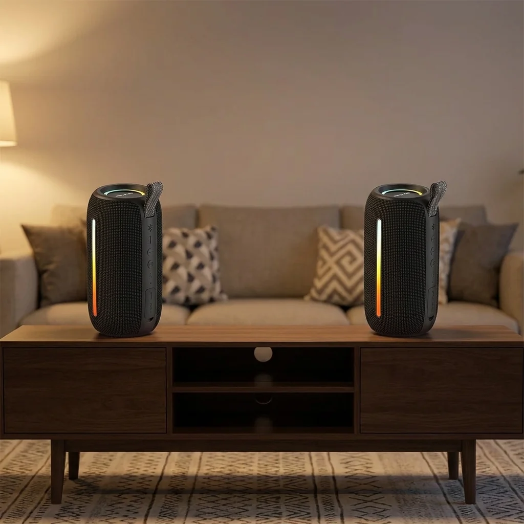 awei-y788-two-speakers-stereo-pair Two Awei Y788 speakers set up as a left and right stereo pair on a living-room console