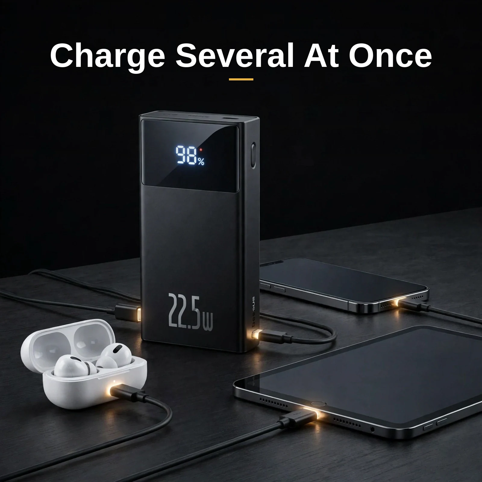 Baseus PPXD2-20 charging a phone, earbuds and tablet at the same time
