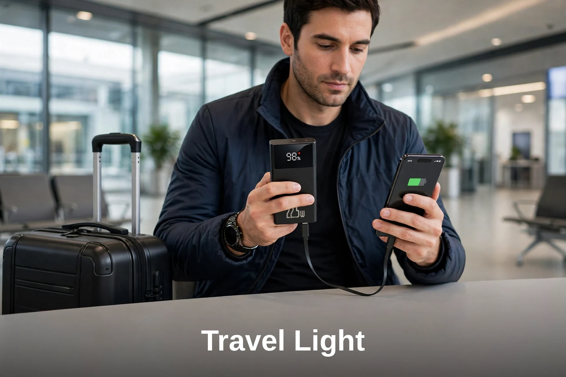 Traveler charging a phone from the Baseus PPXD2-20 20000mAh power bank at an airport