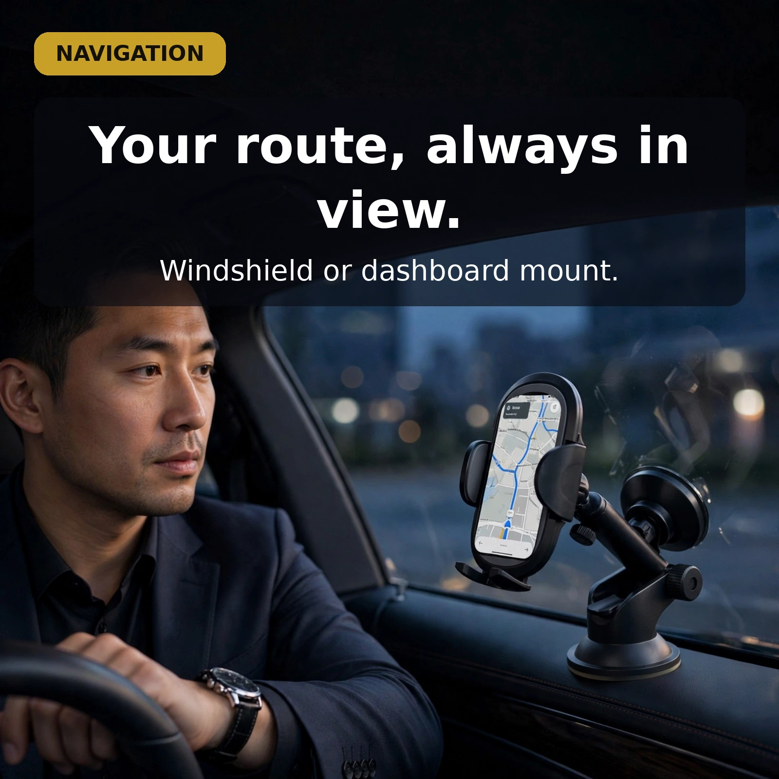 Universal 360 degree adjustable car phone holder mounted on car windshield with navigation