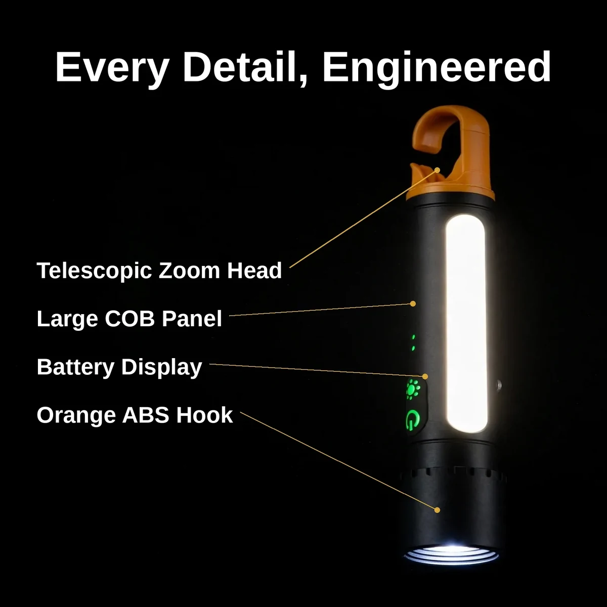 GearUP K57 PRO flashlight beam lighting up a campsite at night