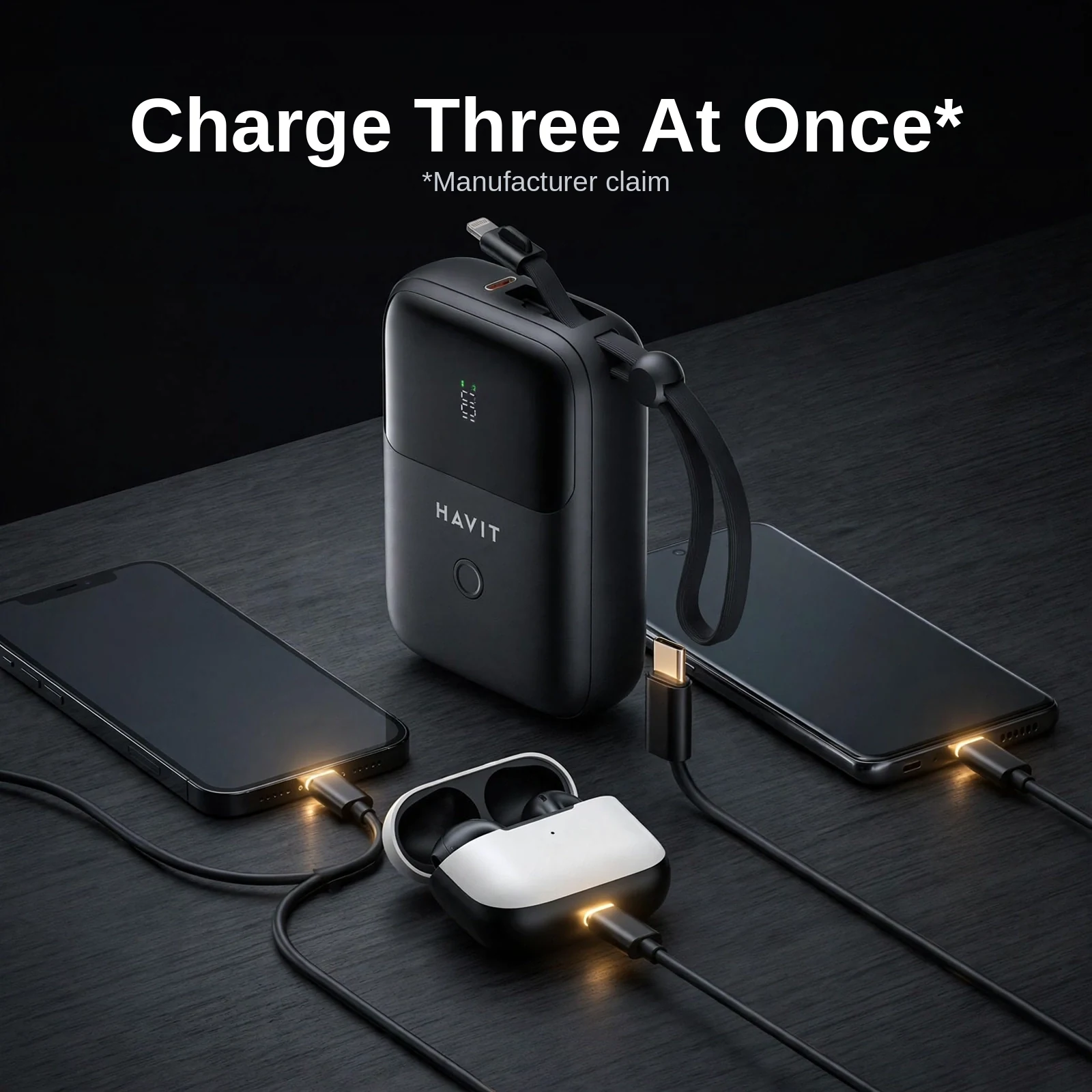 HAVIT PB5215 charging two phones and earbuds at the same time