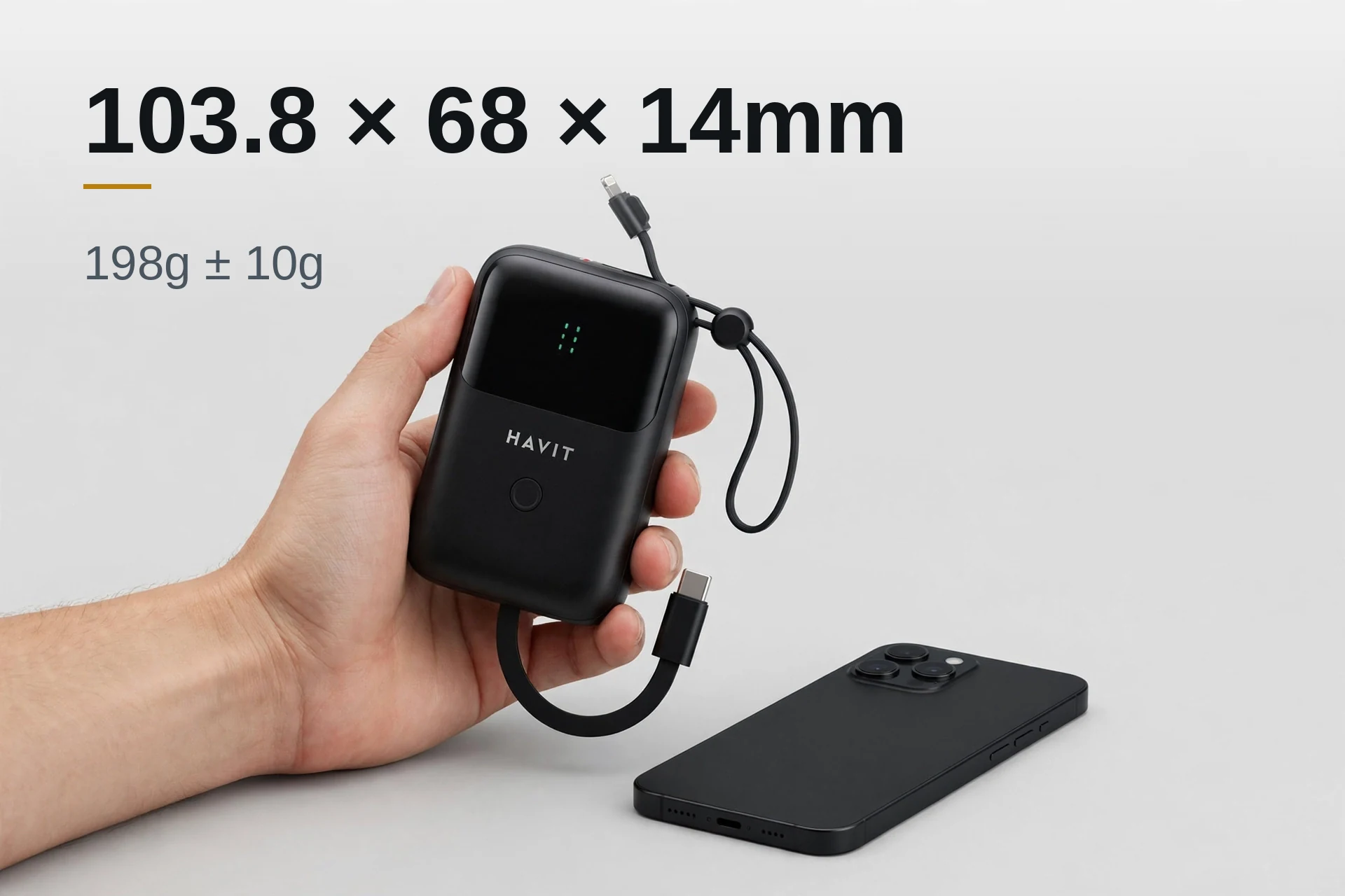 Man holding the slim HAVIT PB5215 power bank beside a phone