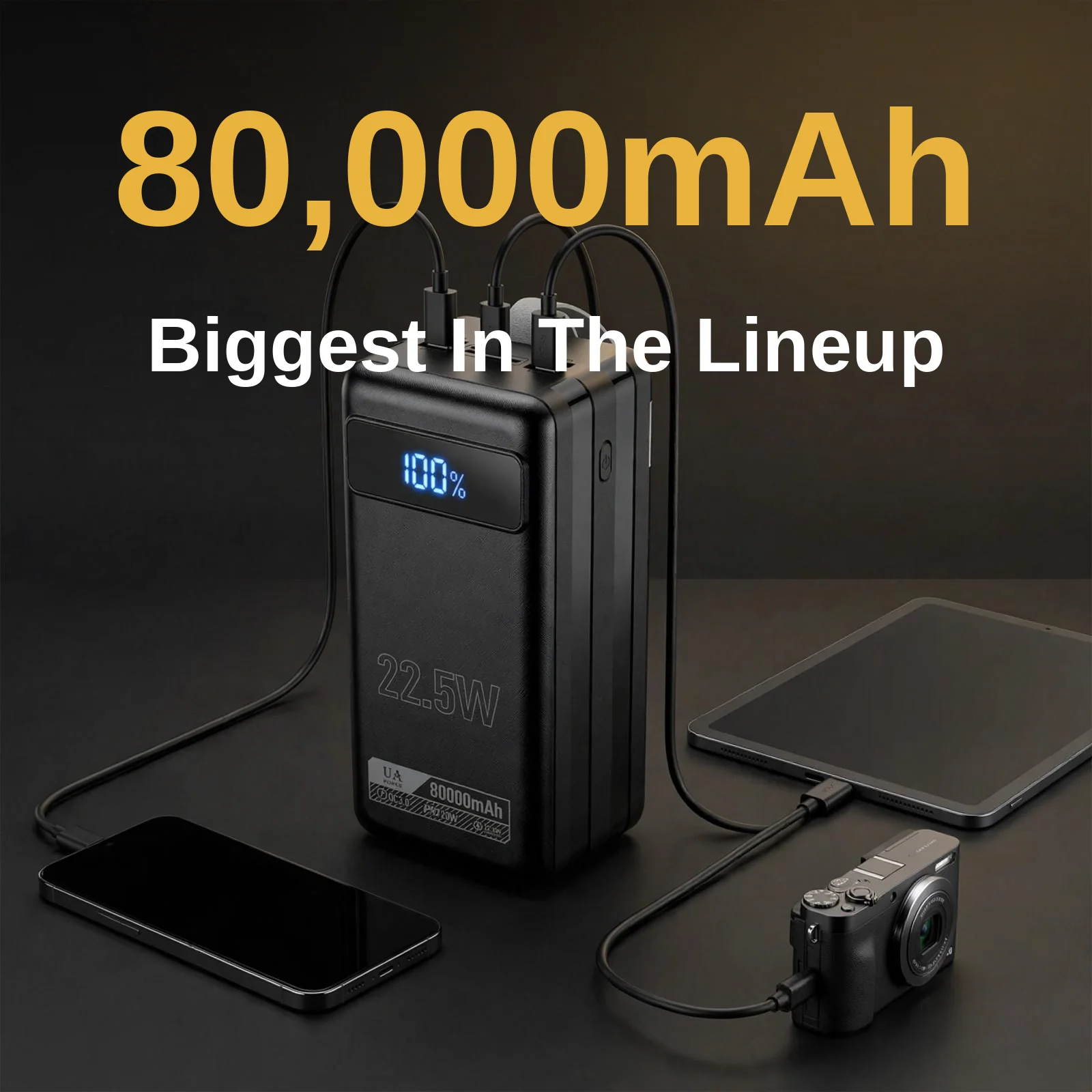 HOCO DB50 80000mAh power bank price — HOCO DB50 80000mAh power bank charging a phone, tablet and camera at once