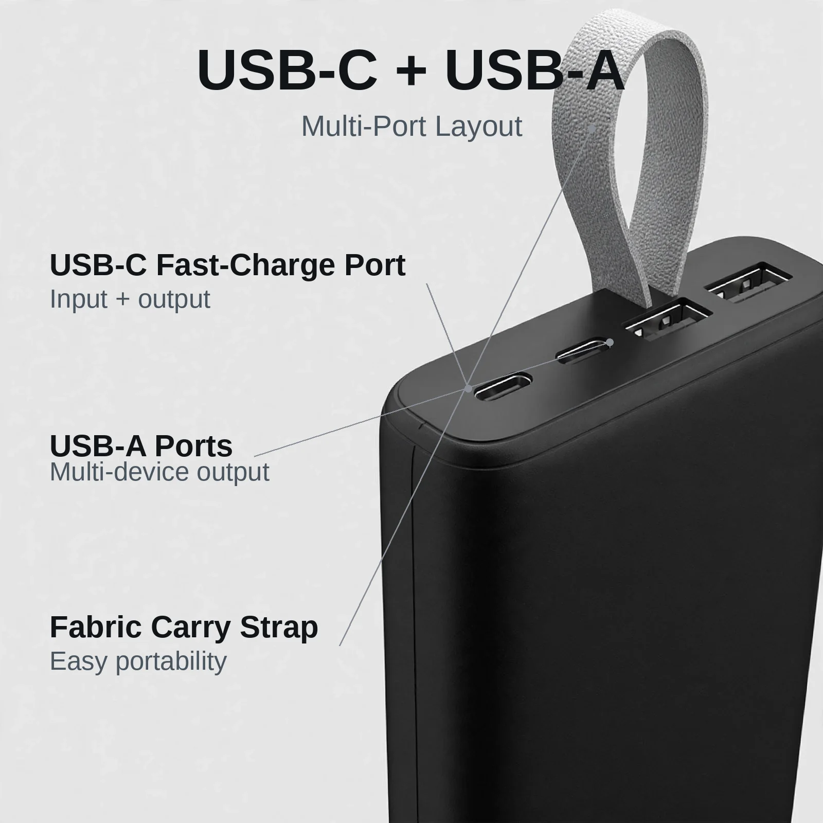 Close-up of the HOCO DB50 USB-C and USB-A port layout with fabric carry strap
