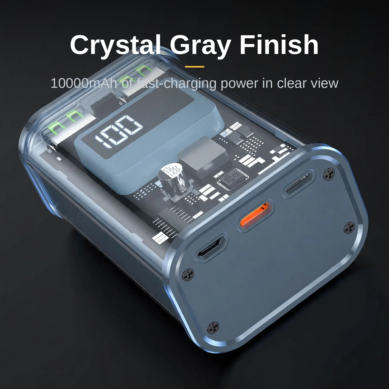 Hoco J105 Gray power bank price: Hoco J105 Crystal gray power bank at a three-quarter angle on a dark studio backdrop, transparent shell showing the circuit board and lit LED display