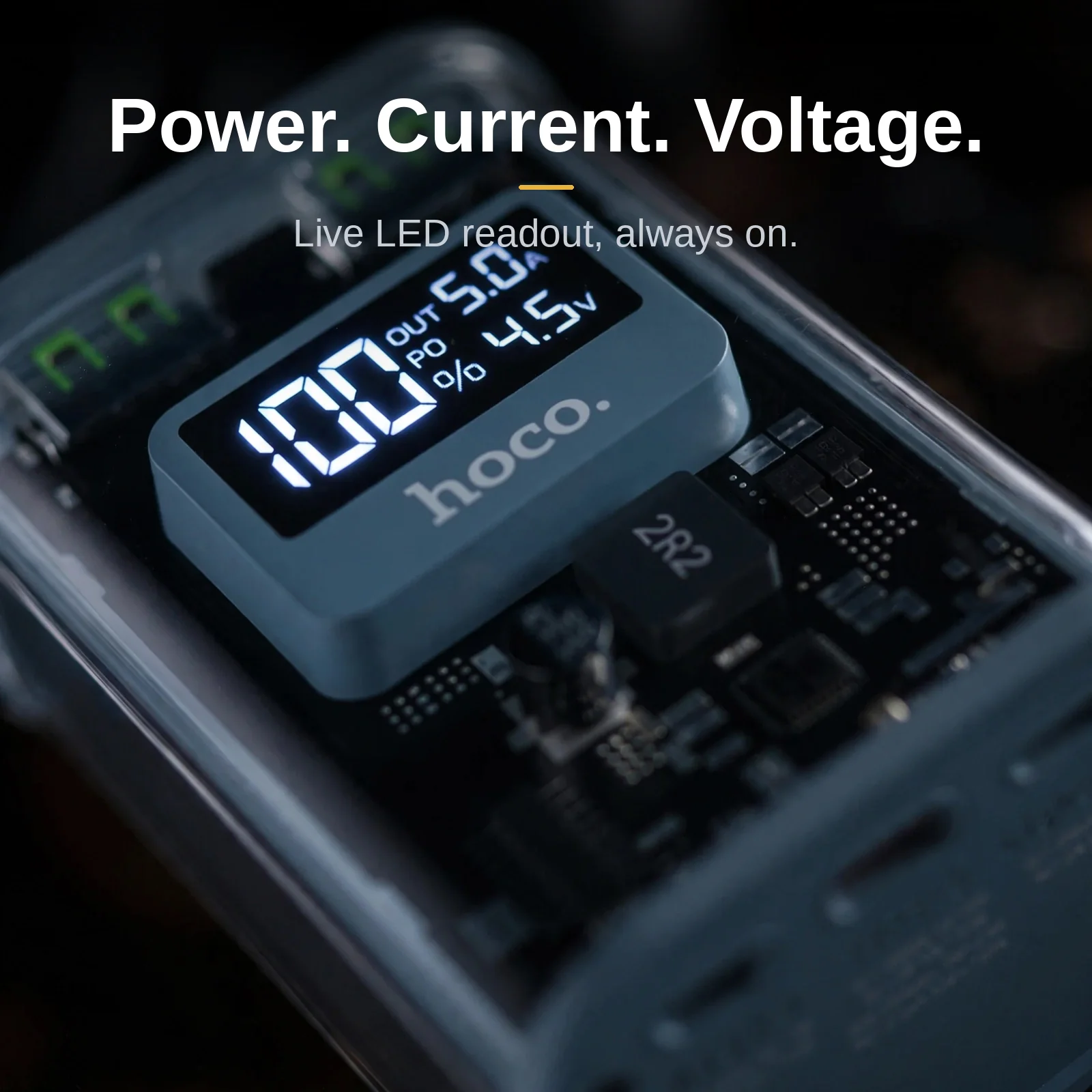 Close-up macro of the Hoco J105 Crystal gray power bank LED digital display showing power, current and voltage readouts