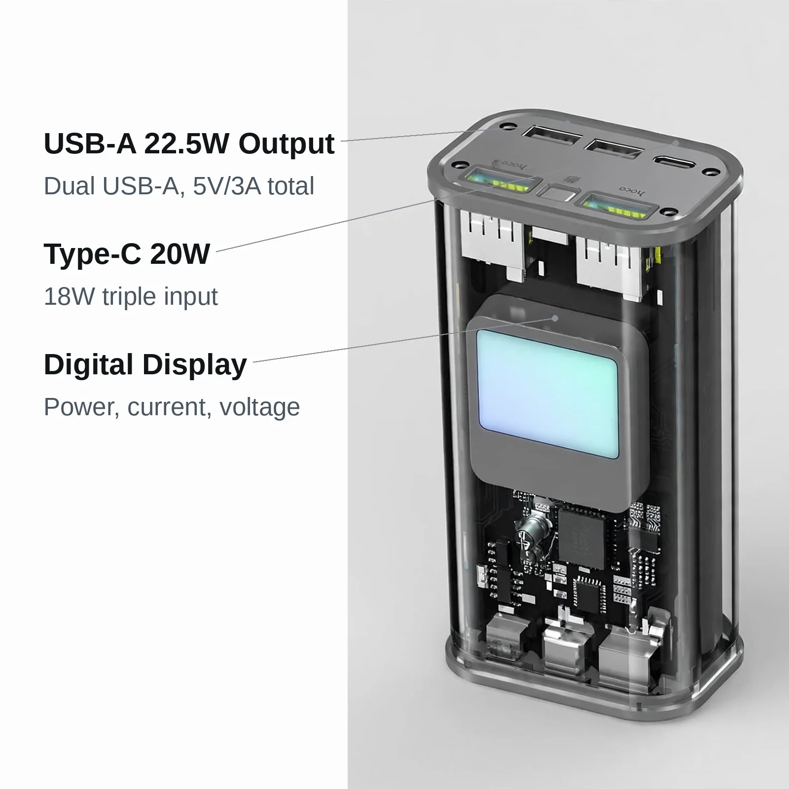Annotated callout graphic of the Hoco J105 Crystal gray power bank showing USB-A 22.5W outputs, Type-C 20W port and digital display