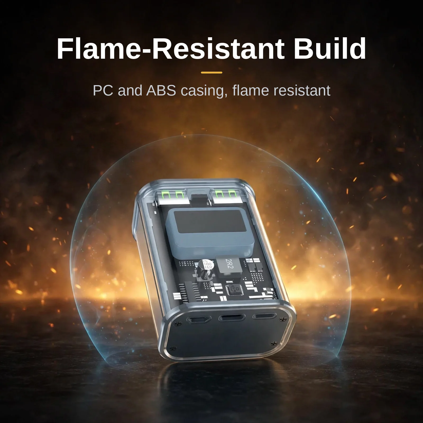 Hoco J105 Crystal gray power bank inside a protective shield visual representing its flame-resistant PC and ABS build