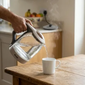Kiam BL002 cordless glass jug pouring hot water while the power base stays on the counter