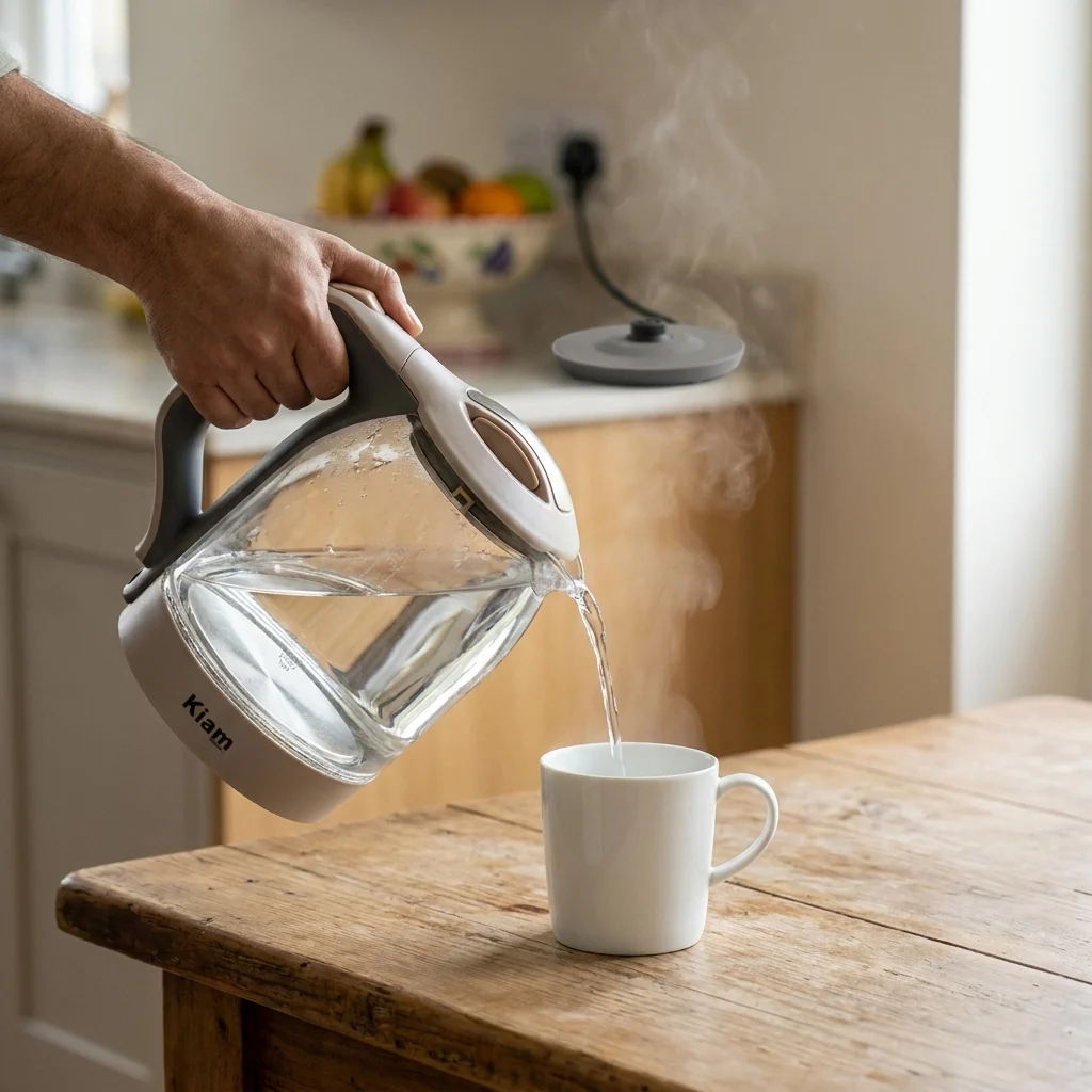kiam-bl002-cordless-jug-pouring-hot-water Kiam BL002 cordless glass jug pouring hot water while the power base stays on the counter