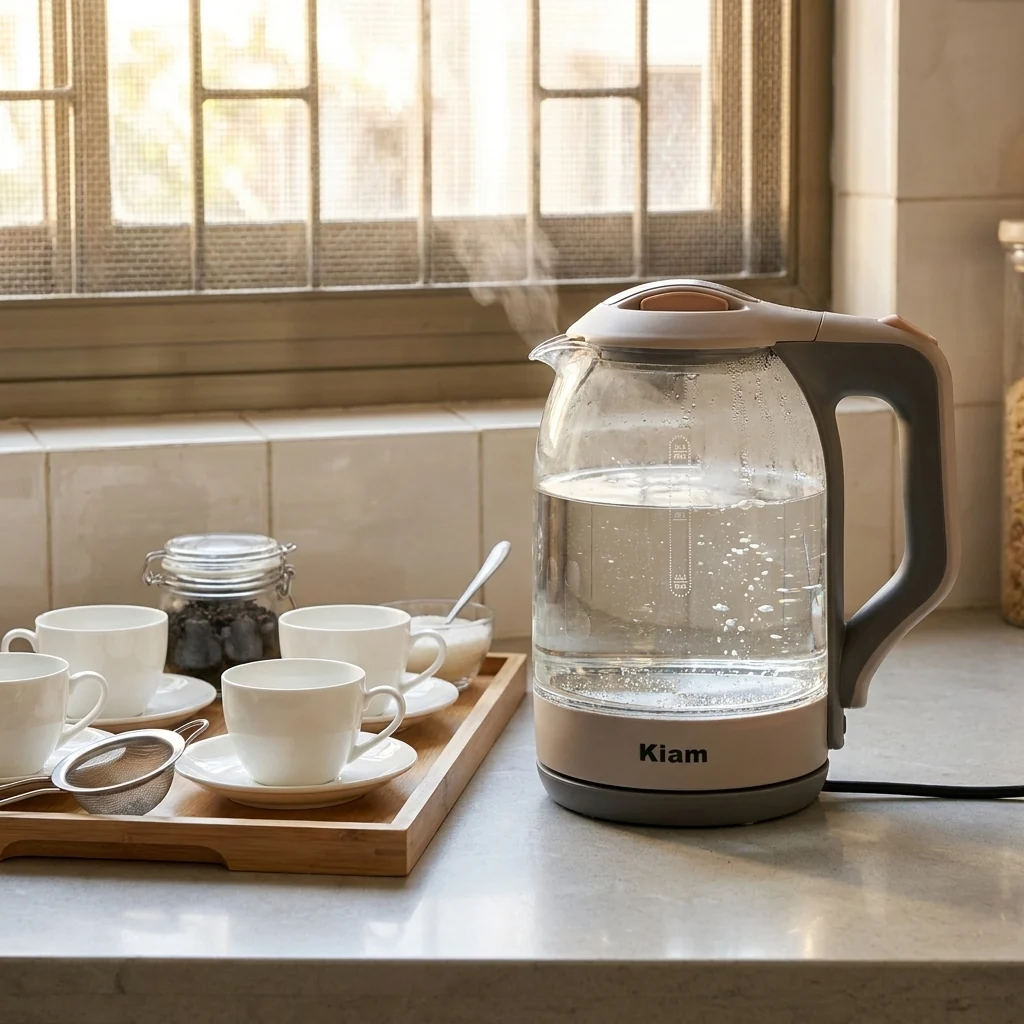 kiam-bl002-glass-kettle-tea-time-kitchen-counter Kiam BL002 glass kettle on its power base beside cups of tea on a kitchen counter