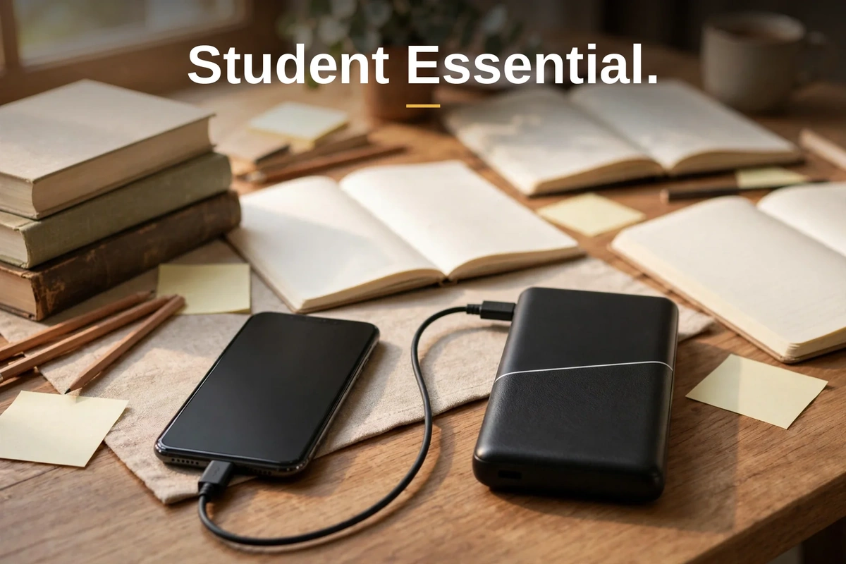 MKB PK10 power bank charging a phone on a study desk beside notebooks and books