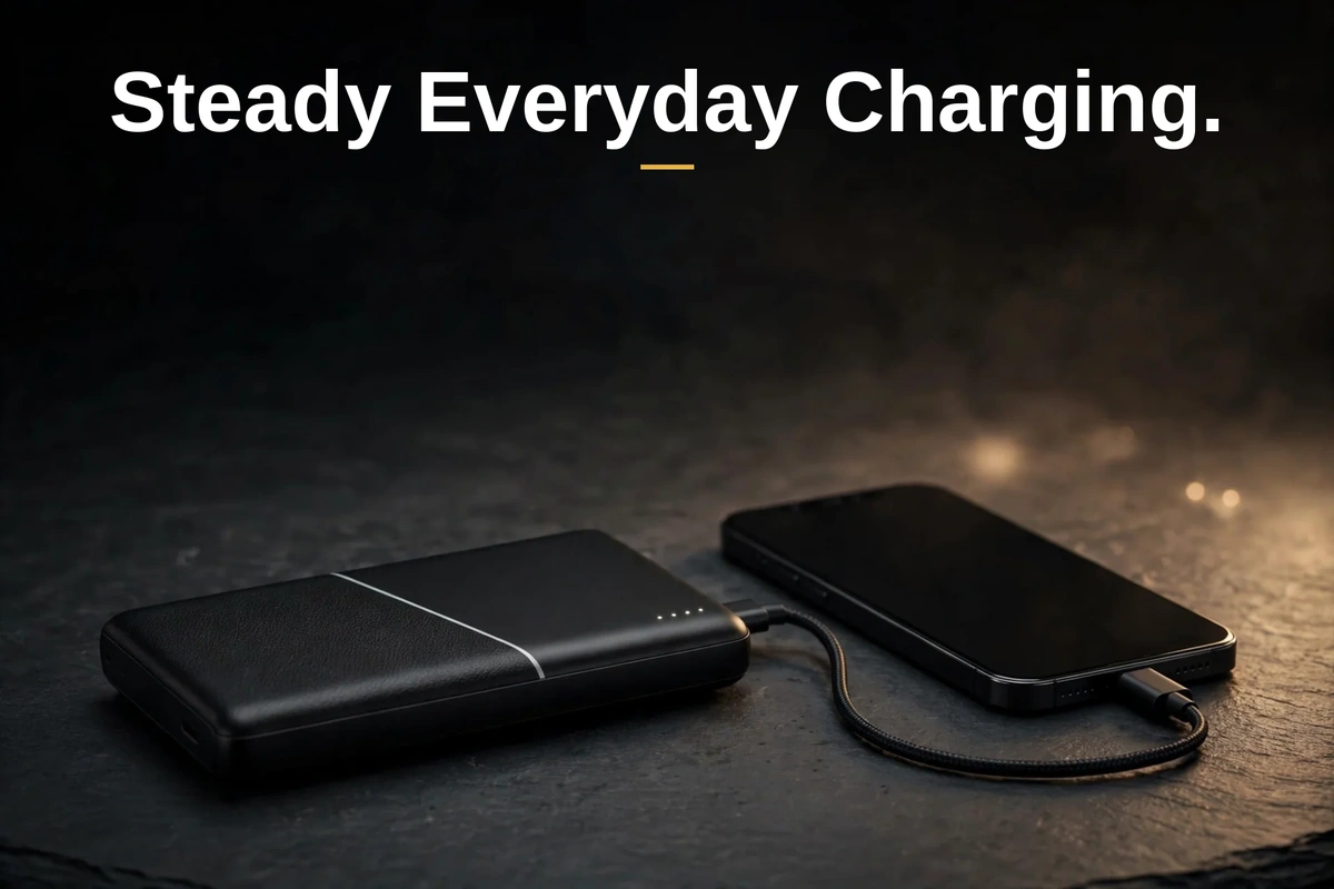 MKB PK10 power bank connected to a phone by a single charging cable for a steady everyday top-up