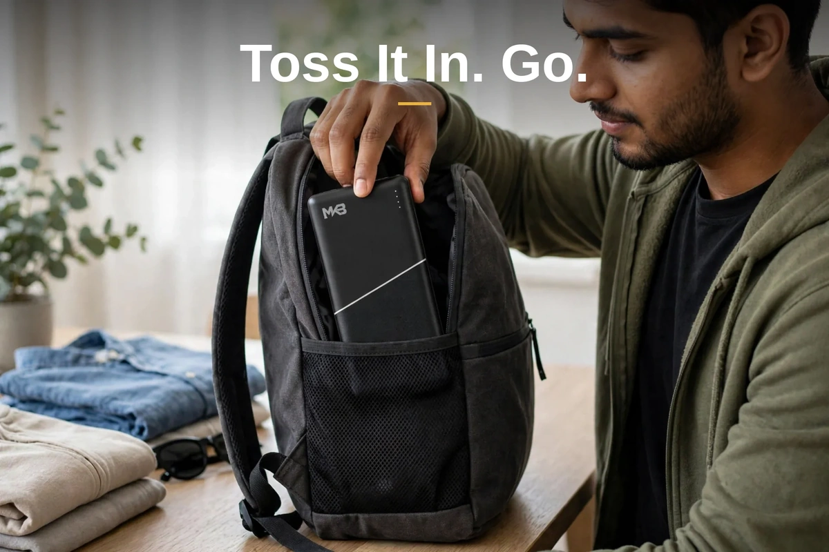 MKB PK10 power bank being placed into a backpack pocket before travel