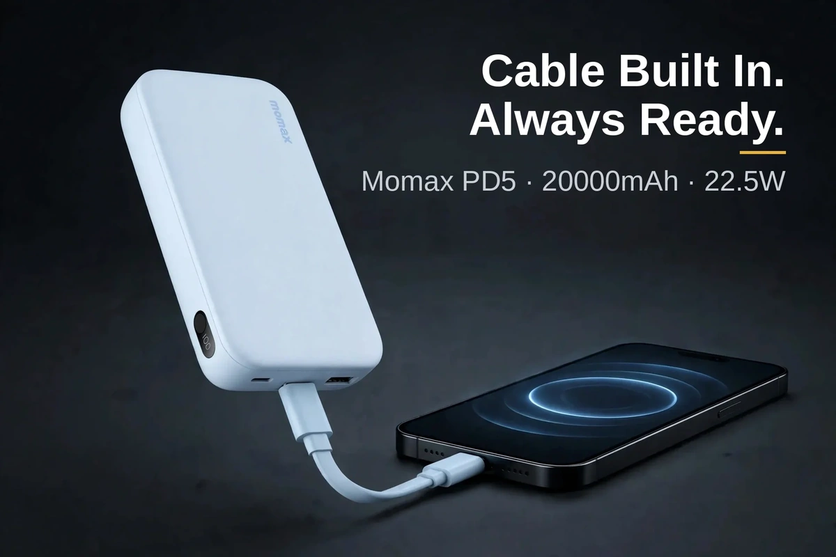 Momax PD5 power bank price in Bangladesh - Momax PD5 with built-in Type-C cable connected to a phone