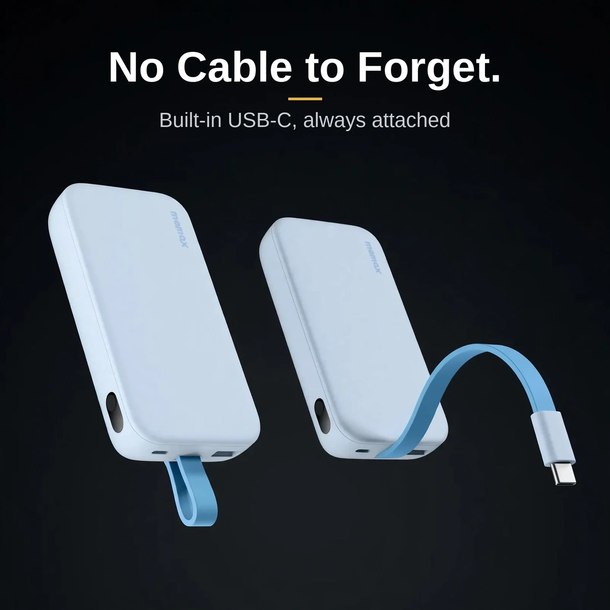 Momax PD5 built-in USB-C cable shown stowed and extended, connector detail