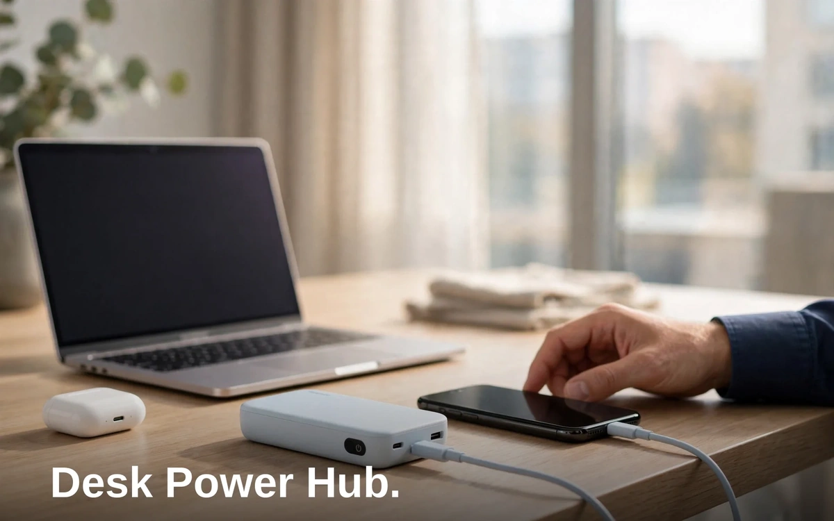 Momax PD5 on a desk charging a phone with its built-in cable
