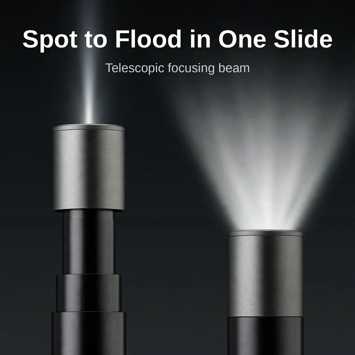 NexTool Simplicity 150LM demonstrating its telescopic zoom from a wide flood beam to a tight spot beam