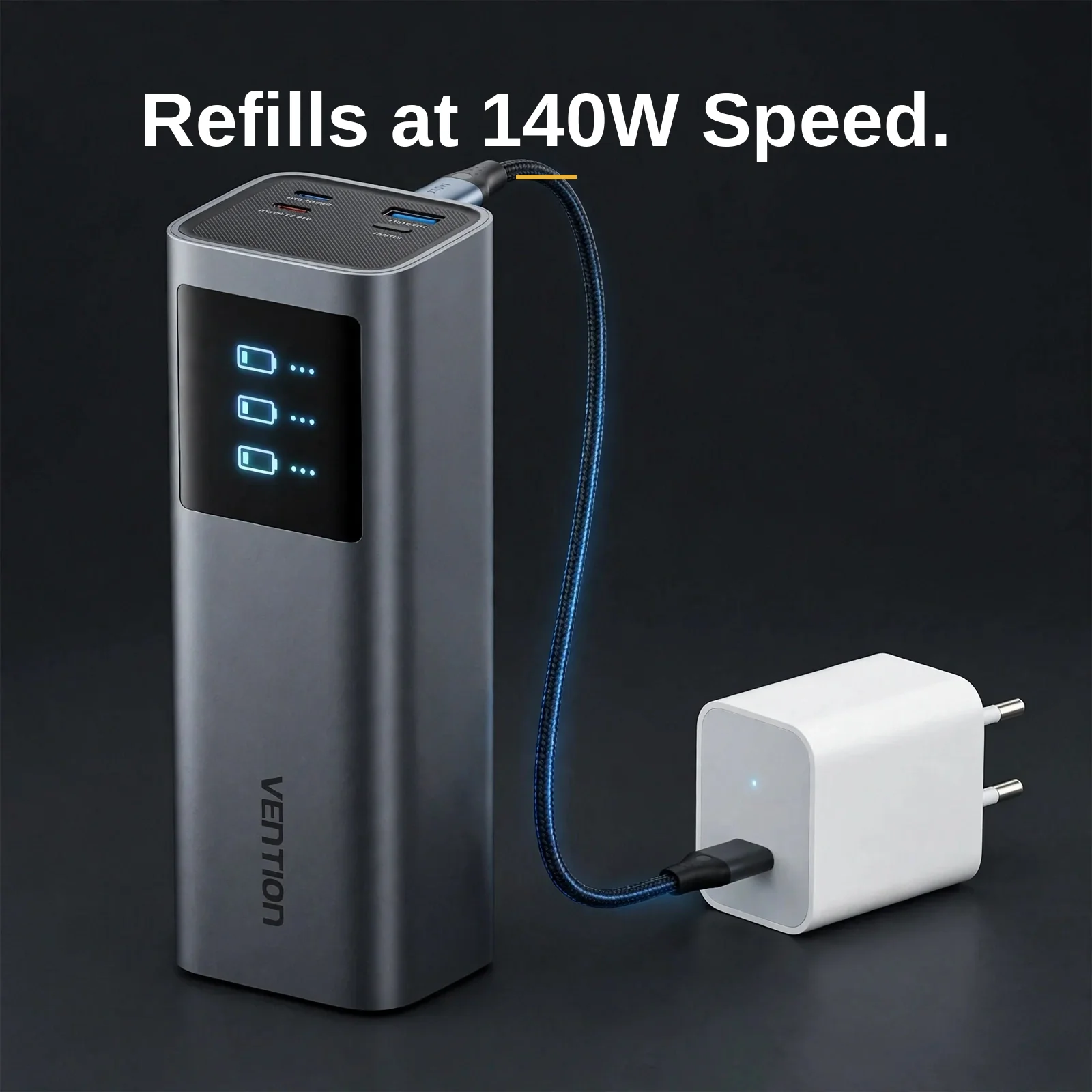 Vention 140W power bank refilling at up to 140W through USB-C1 from a wall charger