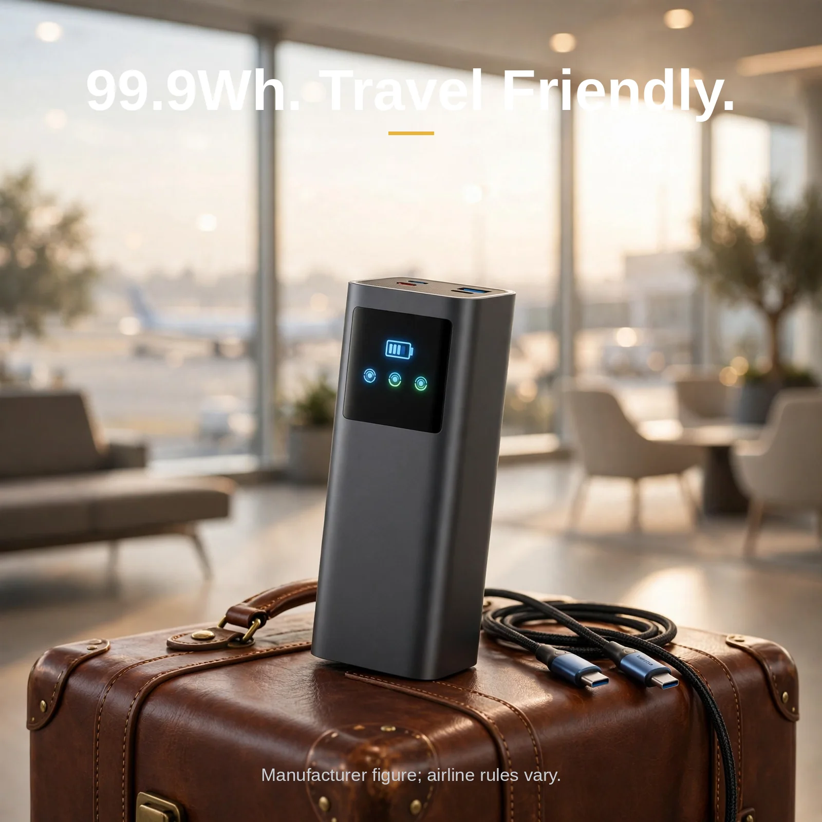 Vention 140W 27000mAh power bank at an airport lounge, manufacturer-stated 99.9Wh travel-friendly capacity