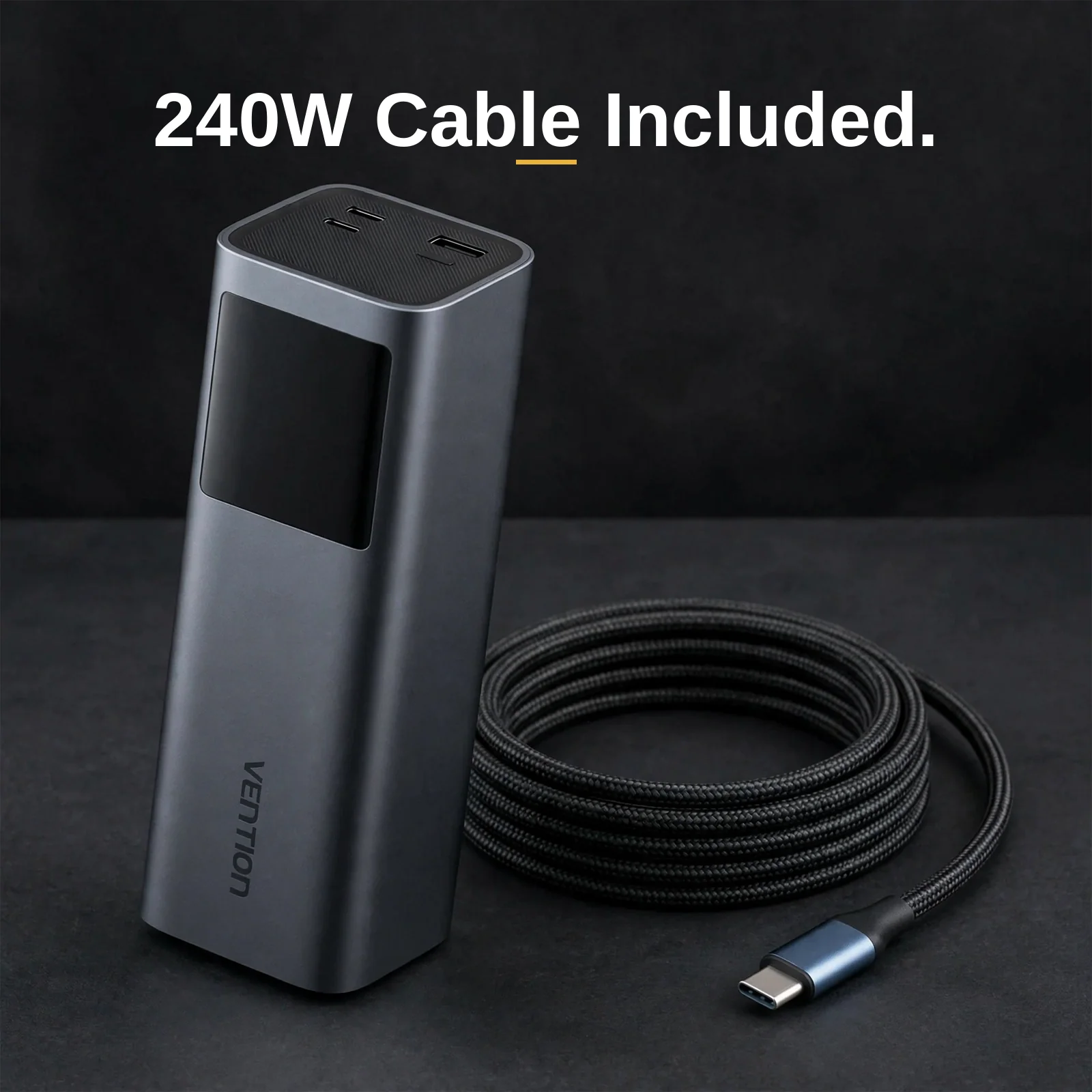 240W-rated USB-C to USB-C cable included with the Vention 140W 27000mAh power bank