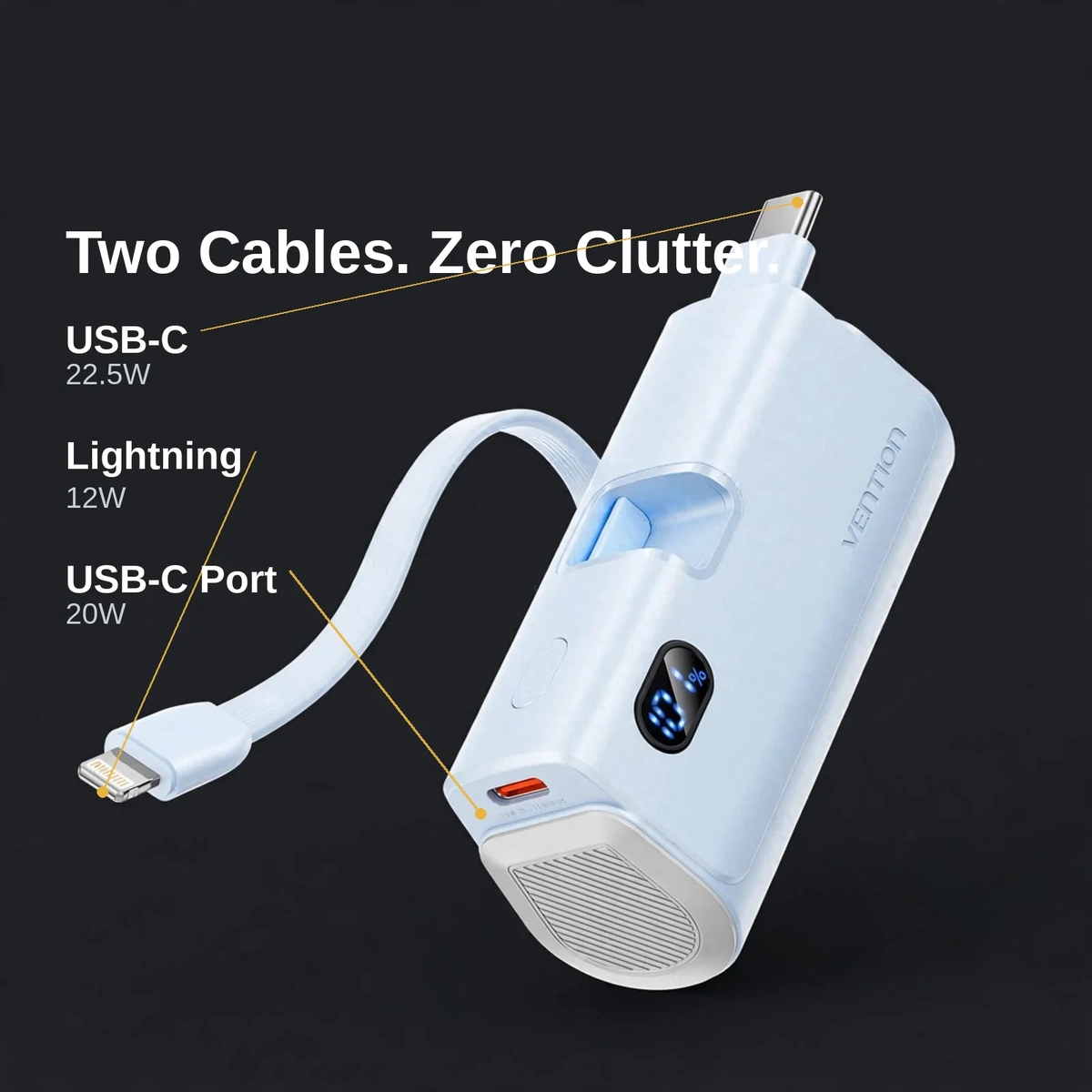 Vention 4800mAh power bank price callouts: flip-up USB-C 22.5W, Lightning strap 12W and USB-C port 20W