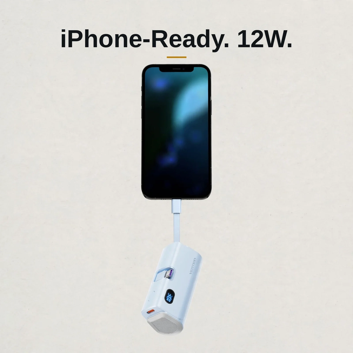 Vention 4800mAh mini power bank charging an iPhone through its built-in Lightning strap at 12W