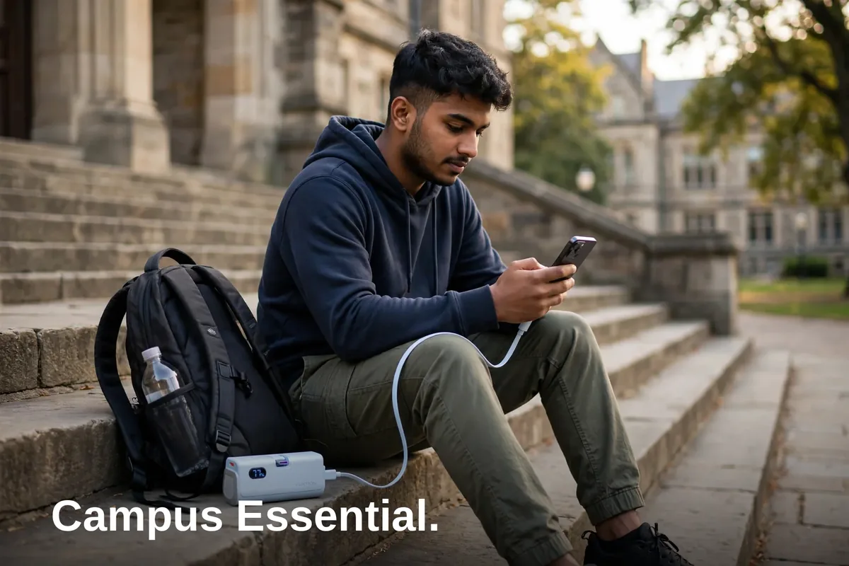 Student charging a phone from the Vention 4800mAh mini power bank on campus steps