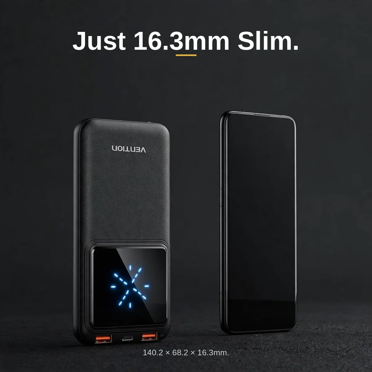 Vention FHKB0 10000mAh power bank in black standing beside a phone, 140.2 by 68.2 by 16.3mm slim body