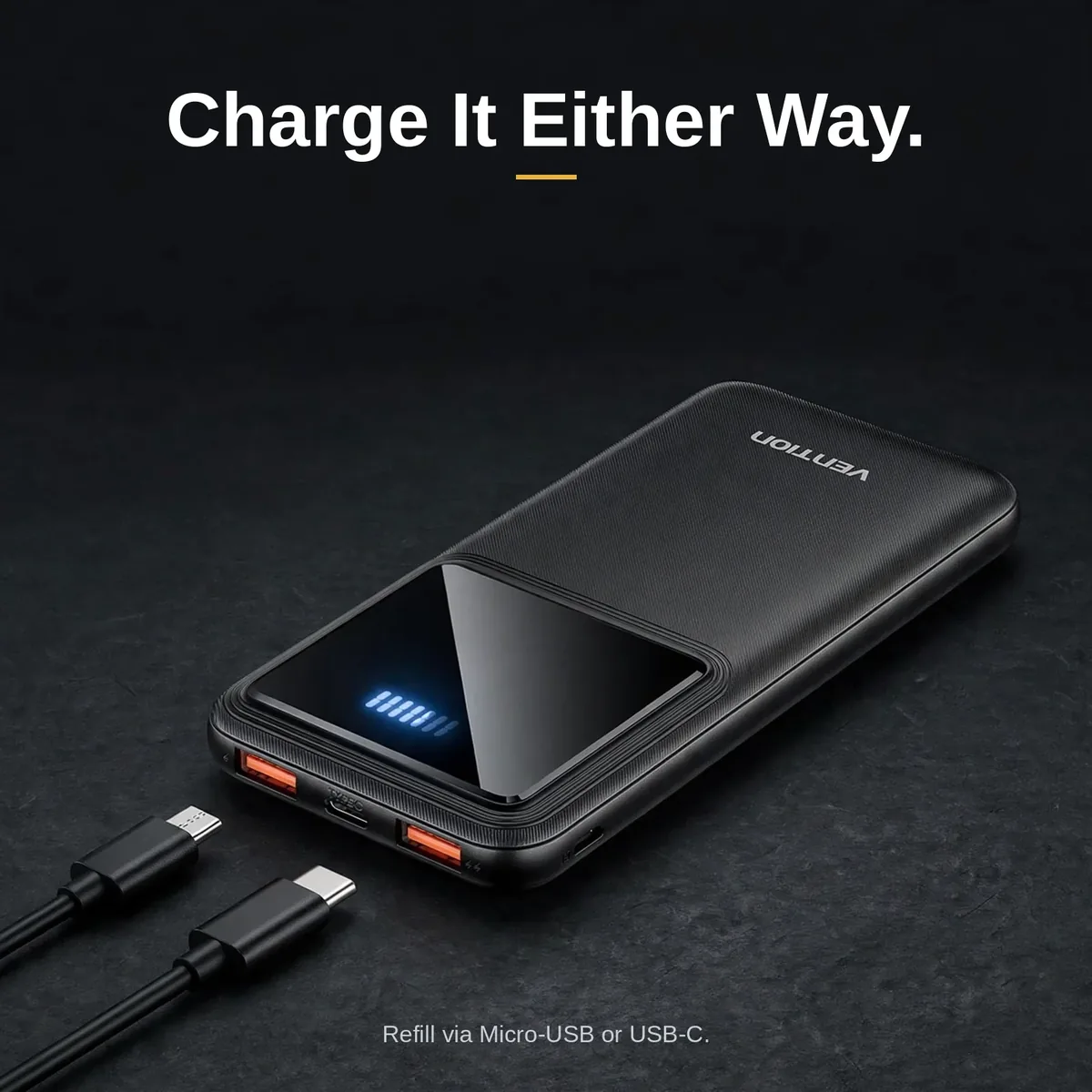 Vention FHKB0 dual input shown with Micro-USB and USB-C cables beside the black power bank