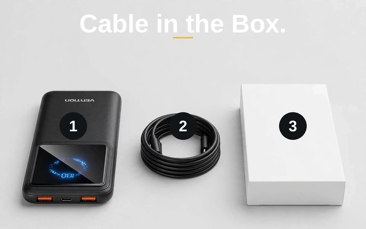Vention FHKB0 black power bank with the included 0.2m USB to USB-C cable and color box