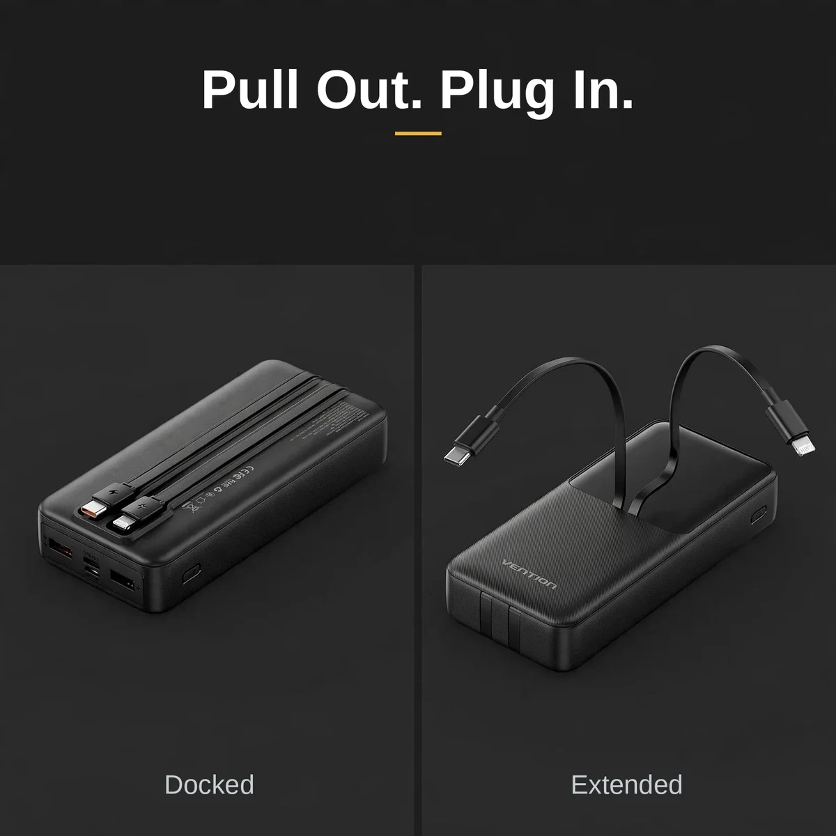 Vention FHPB0 power bank price — built-in USB-C and Lightning cables docked and extended