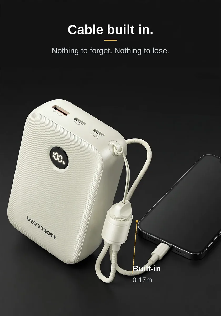 Vention FKBN0-C power bank price — built-in USB-C to USB-C cable plugged into a phone beside the beige Vention bank