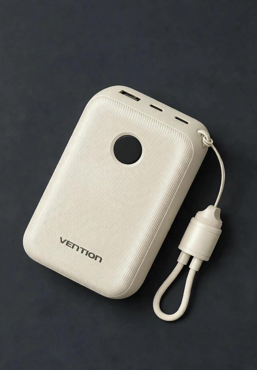 Beige Vention 20000mAh bank on a dark studio background — Vention FKBN0-C power bank price and multi-day backup capacity
