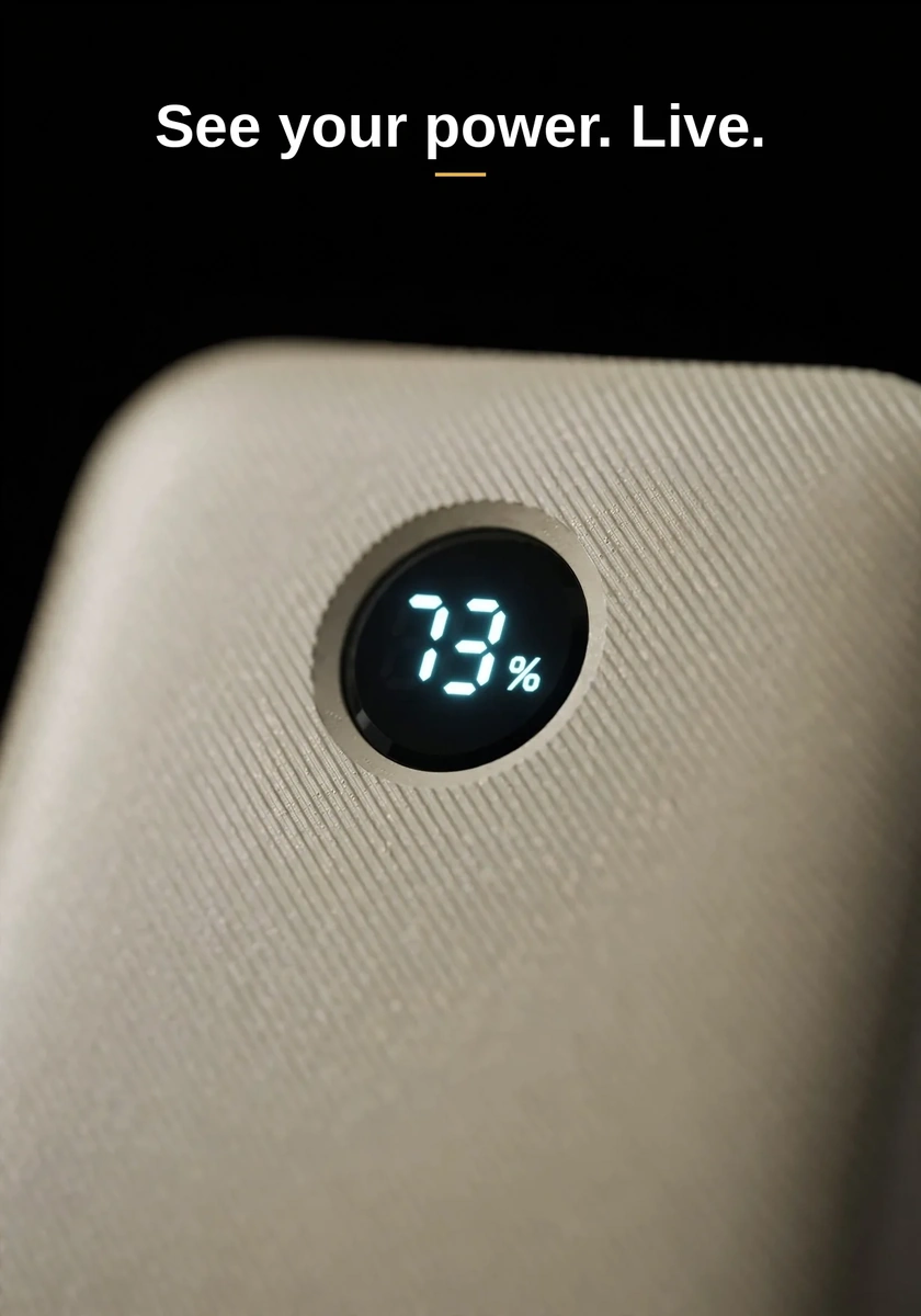 Close-up of the circular LED percentage display — checking the Vention FKBN0-C power bank price before you buy