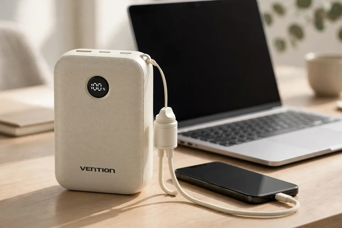 Beige Vention bank charging a phone on an office desk — everyday use behind the Vention FKBN0-C power bank price