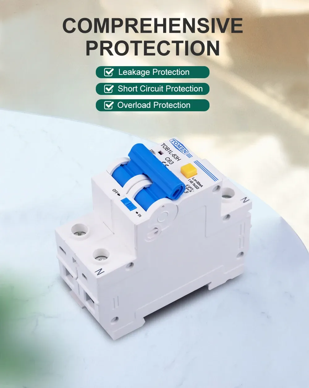 TOMZN RCBO TOB1L-63H 2P 63A 230V AC 50Hz/60Hz Residual Current Circuit breaker with over current and Leakage protection RCBO TOMZN RCBO TOB1L-63H 2P 63A 230V AC 50Hz/60Hz Residual Current Circuit breaker with over current and Leakage protection RCBO