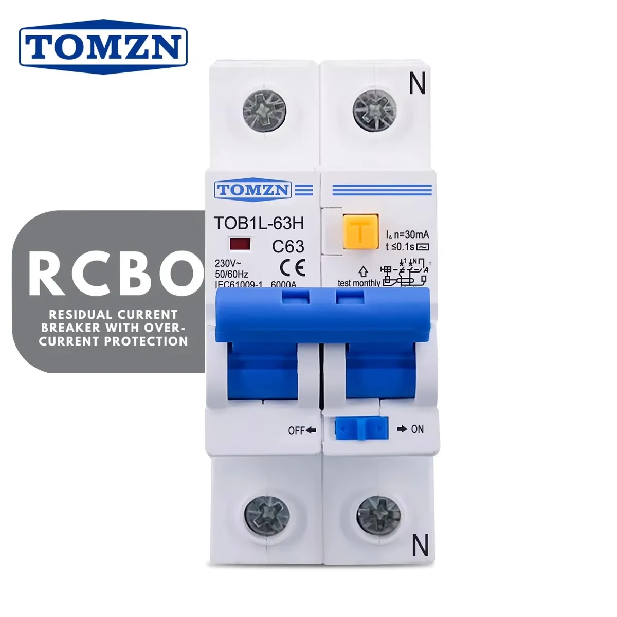 TOMZN RCBO TOB1L-63H 2P 63A 230V AC 50Hz/60Hz Residual Current Circuit breaker with over current and Leakage protection RCBO TOMZN RCBO TOB1L-63H 2P 63A 230V AC 50Hz/60Hz Residual Current Circuit breaker with over current and Leakage protection RCBO