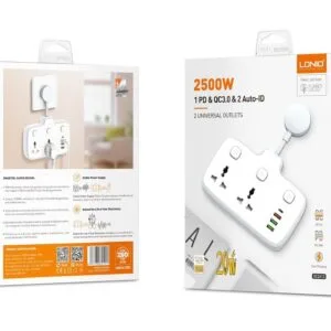 LDNIO SC2413 PD & QC3.0 2 Universal Outlets Power Socket — 2 Universal AC Outlets with Fast USB PD & QC3.0 Charging (White)
