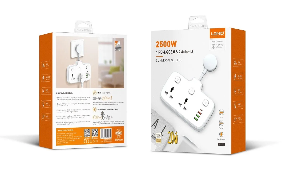 LDNIO SC2413 PD & QC3.0 2 Universal Outlets Power Socket — 2 Universal AC Outlets with Fast USB PD & QC3.0 Charging (White) LDNIO SC2413 PD & QC3.0 2 Universal Outlets Power Socket — 2 Universal AC Outlets with Fast USB PD & QC3.0 Charging (White)