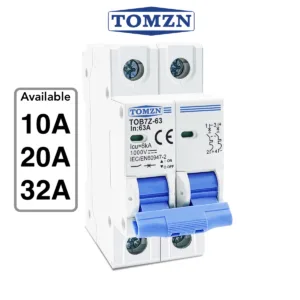TOMZN TOB7Z-63 2P DC Circuit Breaker – 10A, 20A, 32A Solar PV MCB, 12V–1000V Wide Range DC MCB for PV System
