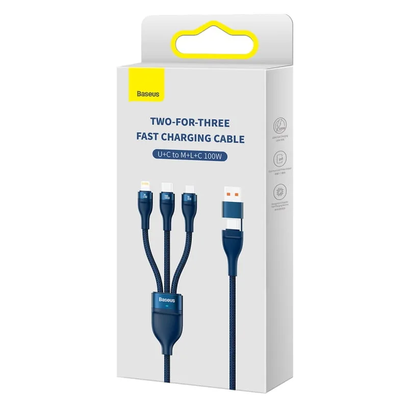 Baseus Two-for-three Fast Charging Cable (U+C to M+L+C) 100w- Blue Baseus Two-for-three Fast Charging Cable (U+C to M+L+C) 100w- Blue